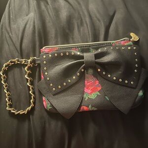 Betsey Johnson Rose Print Bow Mini Wristlet Bag